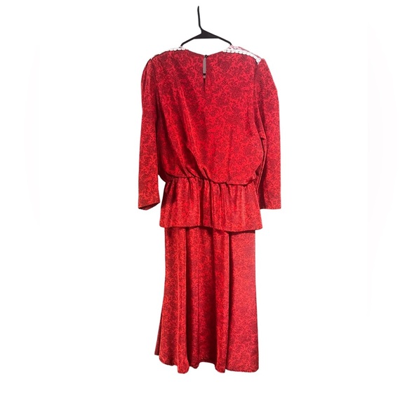 1980’s Vintage Dave & Johnny Red Peplum Midi Dress Red Floral Print with Lace​ - Picture 2 of 13